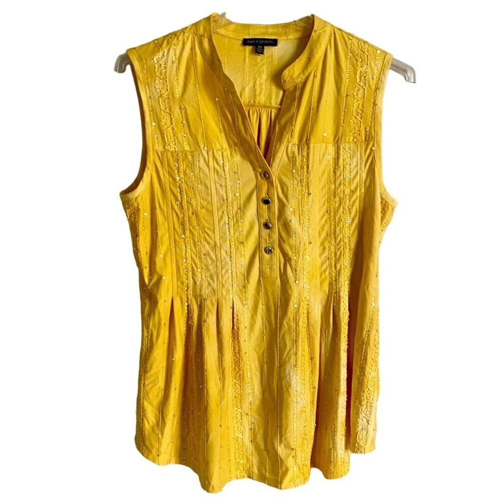 Ava & Grace Tie Dye Yellow Sleeveless Top Quarter Button Women's Medium